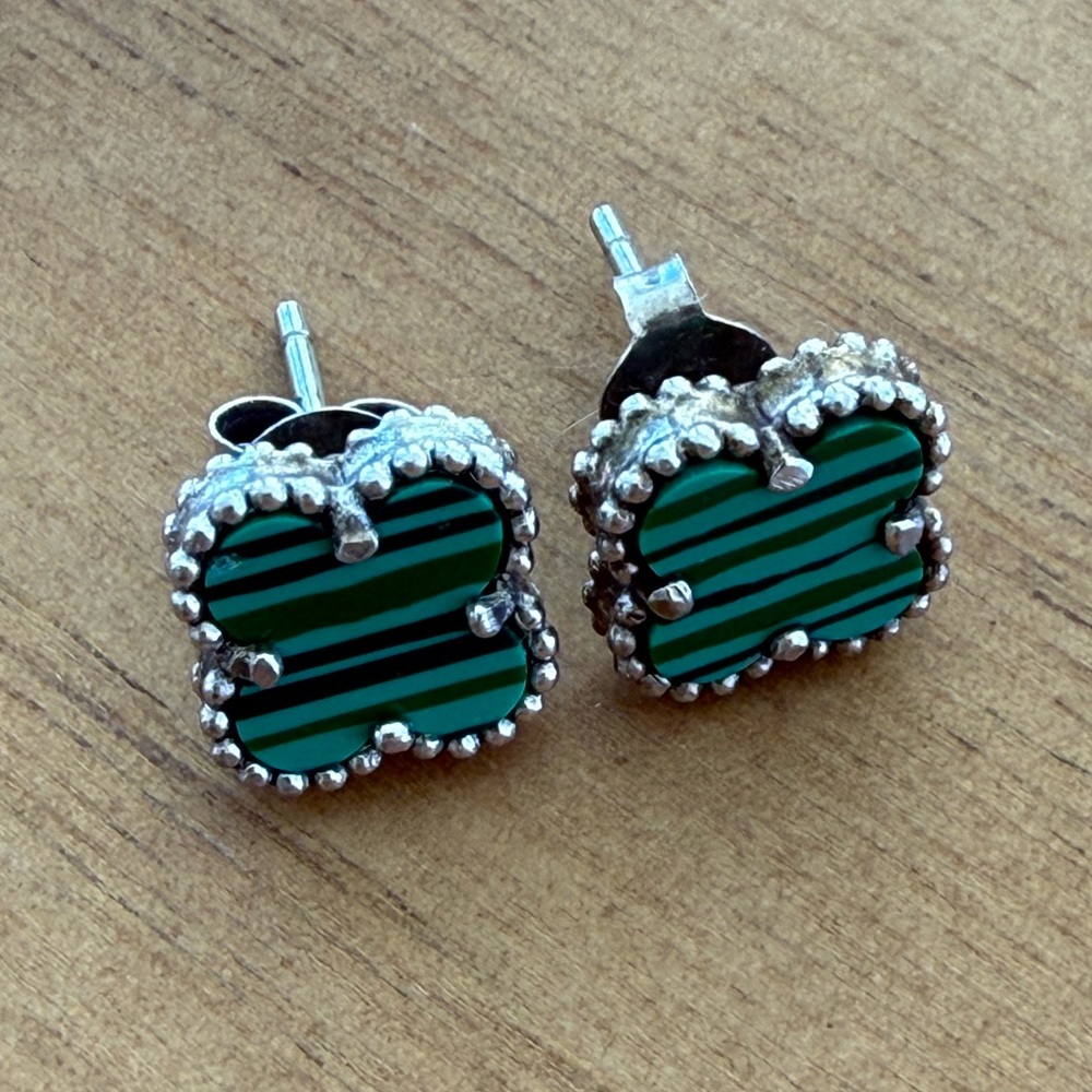 Sterling Silver Green Striped Clover Stud Earrings